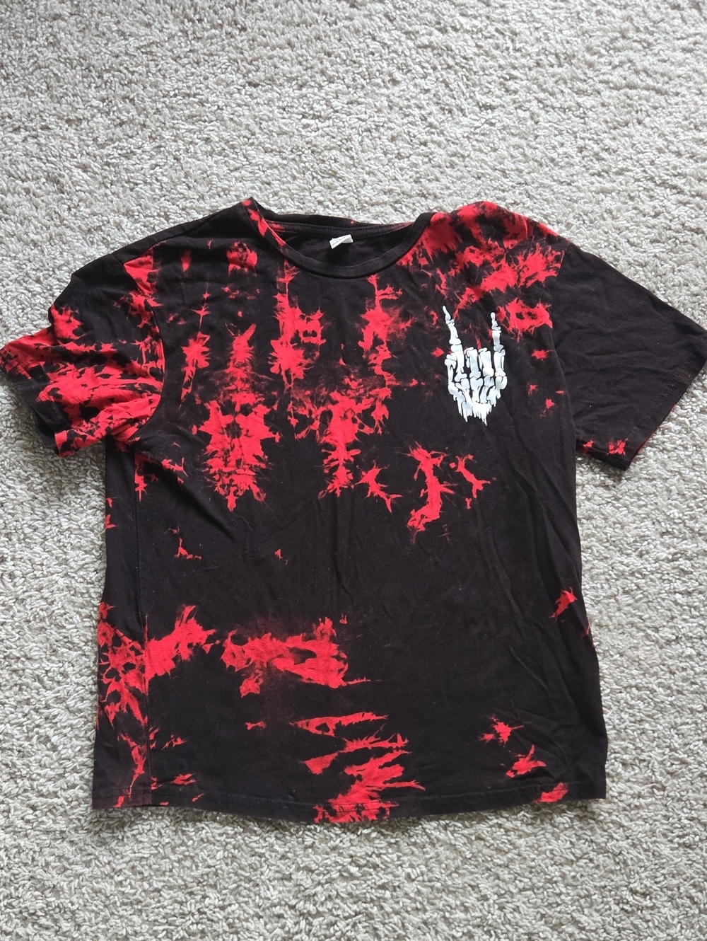 SHEIN Black & Red Tie-Dye Tee with White Skeleton Hand Graphic